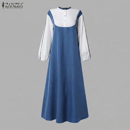Women Patchwork Muslim Abaya Dress ZANZEA Ramadan Robe Stylish O Neck Long Sleeve Loose Sundress Casual Kaftan IsIamic Clothing