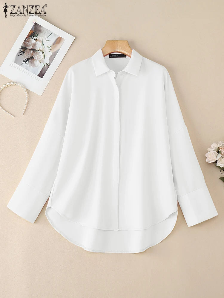 ZANZEA Oversized Woman White Shirts Turn-Down Collar Long Sleeve Button Up High-Low Solid Color Blouse 2026 Autumn Streetwear
