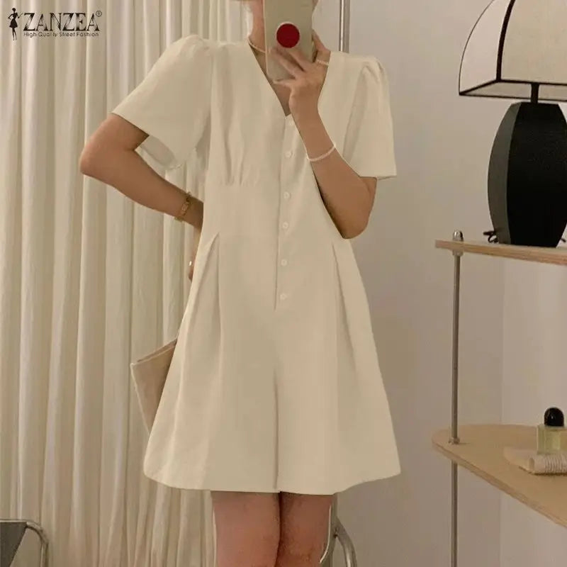 ZANZEA Woman Casual Half-Button Rompers V-Neck Short Sleeve Solid Color Short Jumpsuits Summer 2026 Playsuits Streetwear S-3XL