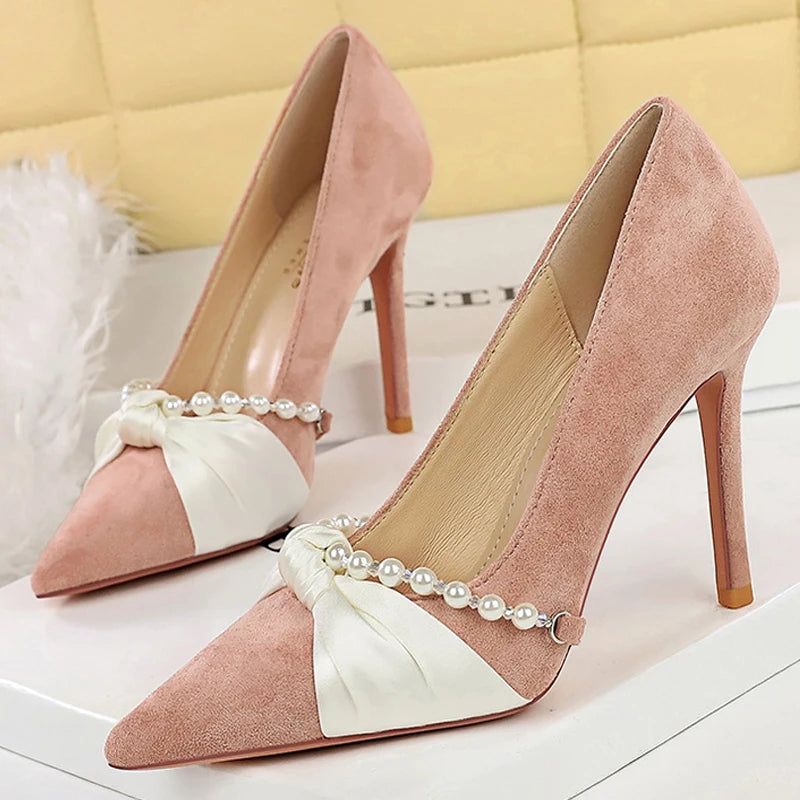 Luxury Women Pumps Pearl Chain Bowknot High Heels Suede Ladies Shoes Stiletto Heels 10 Cm Sexy Party Shoes Lady Banquet Shoes