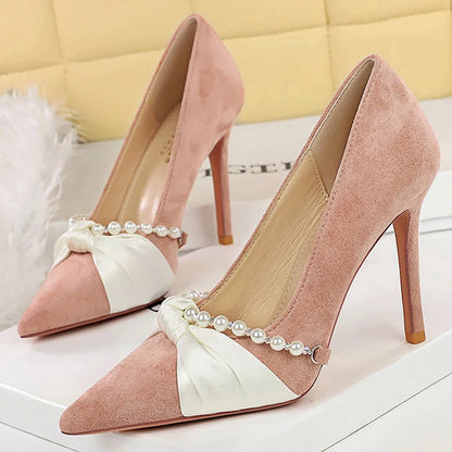 Luxury Women Pumps Pearl Chain Bowknot High Heels Suede Ladies Shoes Stiletto Heels 10 Cm Sexy Party Shoes Lady Banquet Shoes