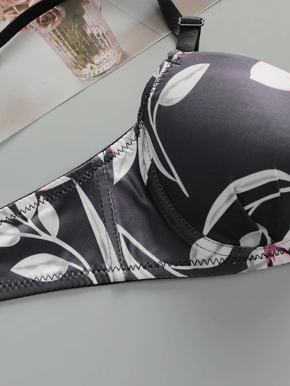 1 set High Quality Women's black bra Floral Print Bra and Panty Set Full Cup Support Elegant Summer Style  A2135