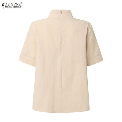 ZANZEA Fashion Cotton Linen Blouses Woman Stand Collar Back Zipper Short Sleeve Solid Tops Summer Minimalist Thin Blusas Mujer