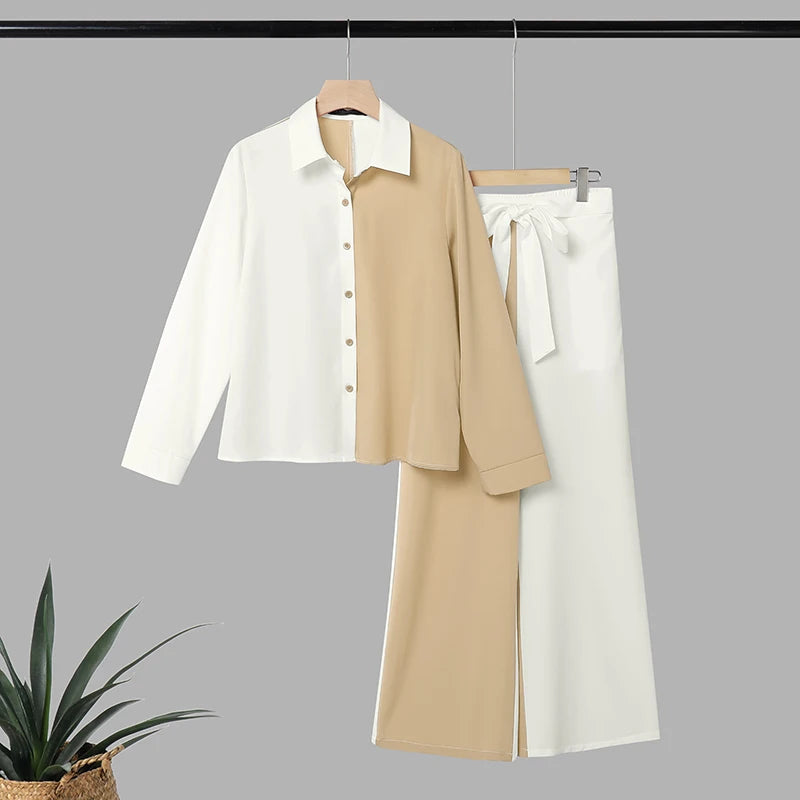 ZANZEA Fashion Women Matching Sets Autumn Chic Color-Blocking Office Outfits Long Sleeve Shirt Belted Wide Leg Pant Sets 2 Piece