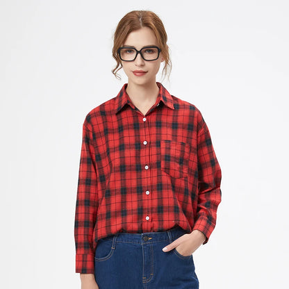 Fresh Flannel Plaid Shirt Women 2026 New Female Blouses and Tops Cotton Loose Long Sleeve Casual Shirts Fine Women's Clothes