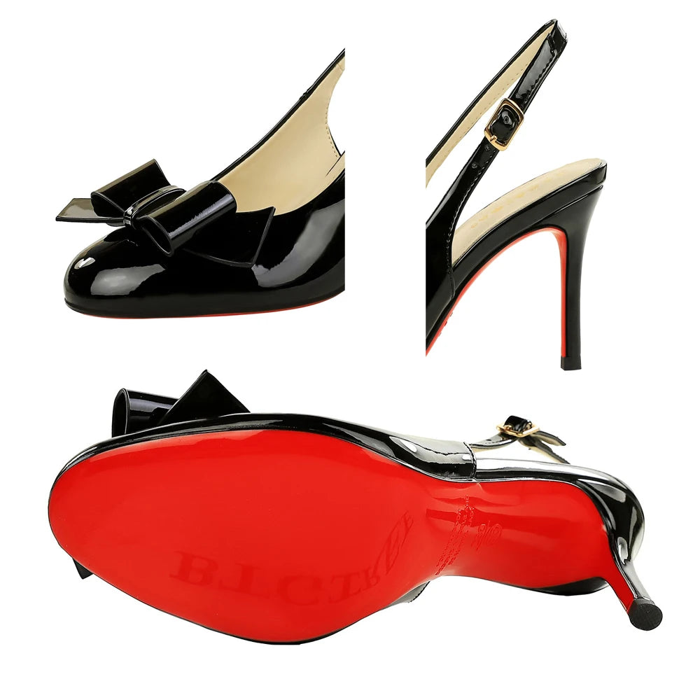 BIGTREE Shoes Round-toe Women Pumps Patent Leather High Heels Bowknot Women Heels Stiletto 8 cm Buckle High-heeled Sandals Lady