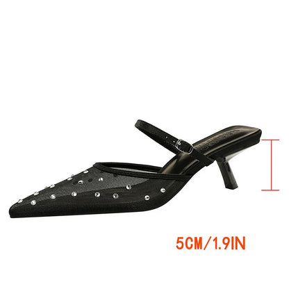 BIGTREE Shoes Pointed Women's Sandals Mesh Rhinestone Kitten Heels Breathable Hollow Out Middle Heel Sandals Buckle Slippers