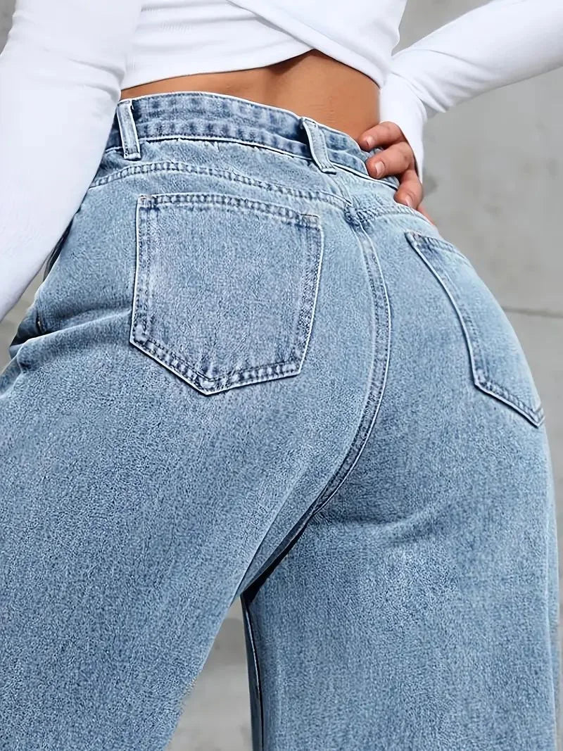 Womens Plus Size Loose Jeans Casual Straight Denim Pants Elastic Stretch Comfort Fit Decorated with Beaded Embroidery Jeans