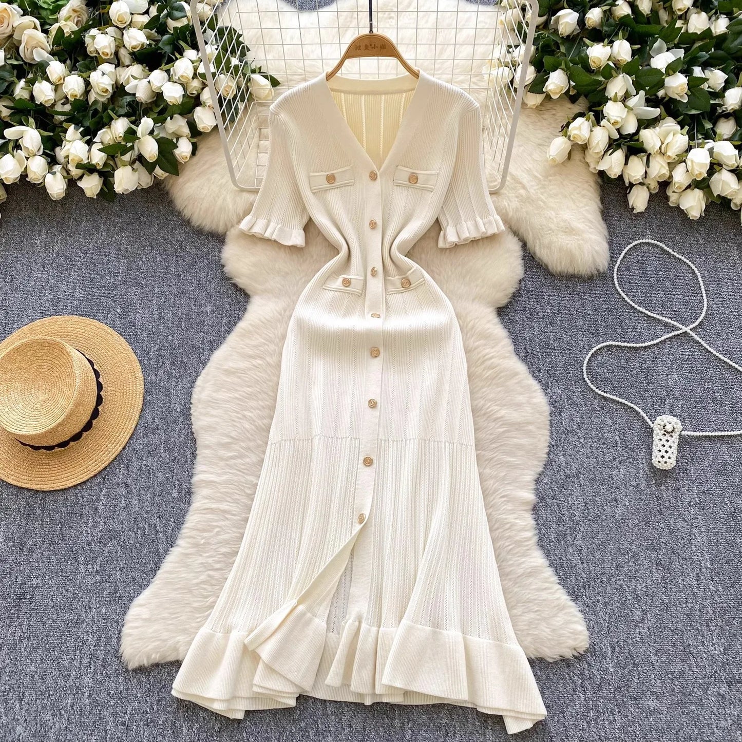 YuooMuoo Brand Fashion Vintage Knitted Long Dress Spring Summer Women Elegant V-neck Ruffled Bodycon Sweater Dress Party Vestido
