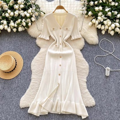 YuooMuoo Brand Fashion Vintage Knitted Long Dress Spring Summer Women Elegant V-neck Ruffled Bodycon Sweater Dress Party Vestido