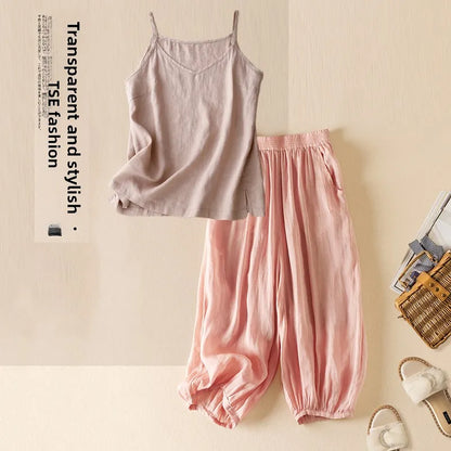 Summer Casual Cotton Linen Double Layer Lantern Pants Loose Elastic Waist Pure Color Wide Leg Harem Trousers for plus Size Women