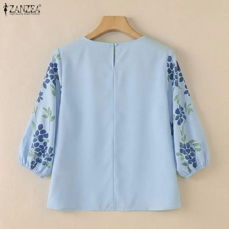 ZANZEA 2026 Woman Floral Print Blouses Elegant O-Neck 3/4 Puff Sleeve Tops Summer Casual Vacation Everyday Wear Blusas de Mujer