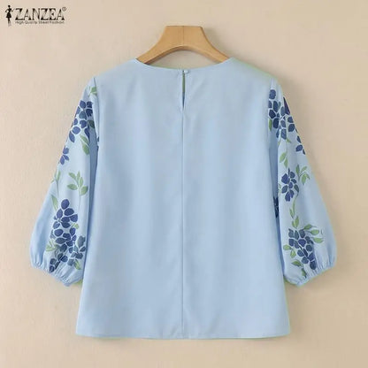 ZANZEA 2026 Woman Floral Print Blouses Elegant O-Neck 3/4 Puff Sleeve Tops Summer Casual Vacation Everyday Wear Blusas de Mujer