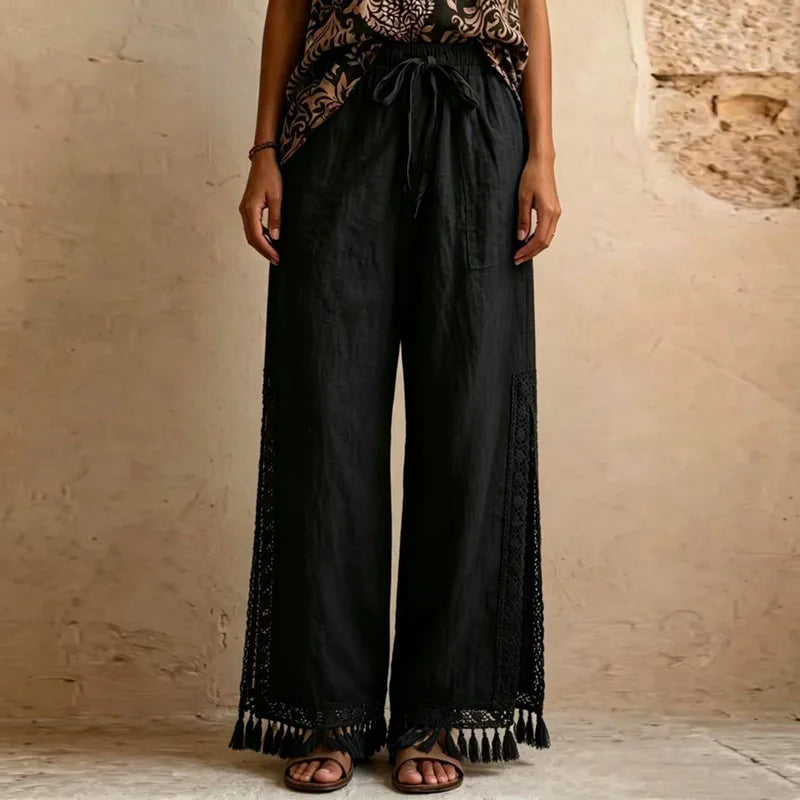 Women Solid Side Split Wide Leg Pants Elastic Drawstring Pockets Lace Tassel Loose Pants New Boho Summer Casual Holiday Trousers