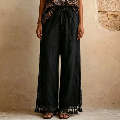 Women Solid Side Split Wide Leg Pants Elastic Drawstring Pockets Lace Tassel Loose Pants New Boho Summer Casual Holiday Trousers