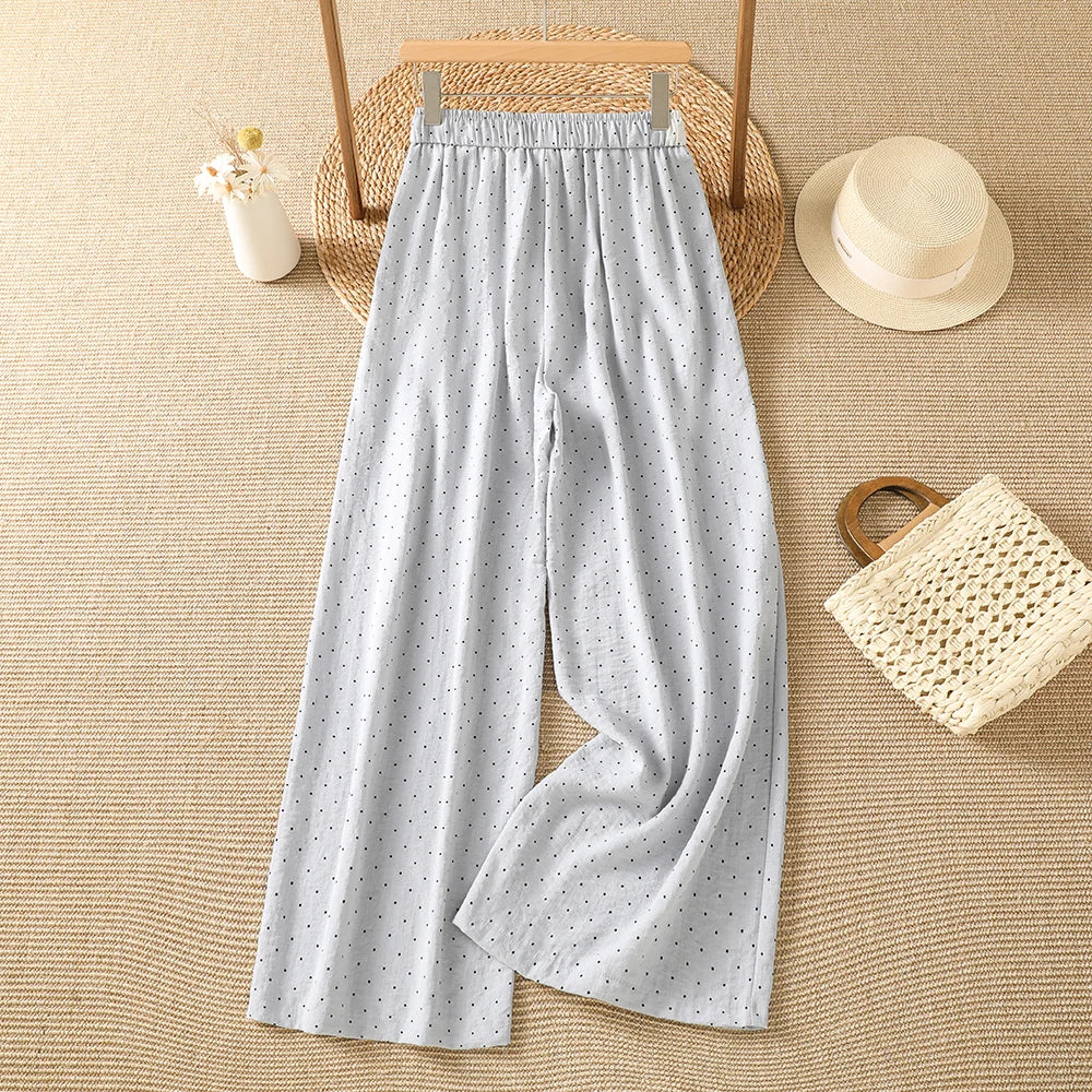Summer New Vintage Small Polka Dot Loose Casual Wide Leg Pants Drawstring Waist Elastic Cotton Ladies Trousers