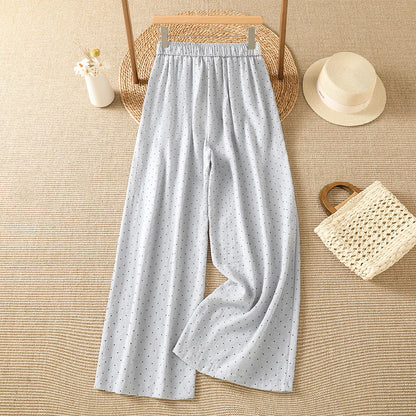 Summer New Vintage Small Polka Dot Loose Casual Wide Leg Pants Drawstring Waist Elastic Cotton Ladies Trousers