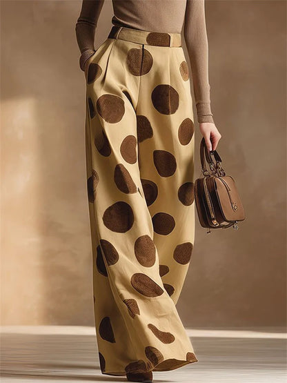 Yeezzi Women's Vintage Polka Dot Wide Leg Pants 2026 New High Waist Pleated Pockets Loose Casual Summer Office Trousers Bottoms