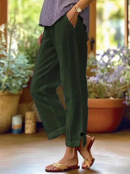Women's Casual Pants Cotton and Linen Blend Elastic Waist Pocket Fashion Simple Slit Button Basic Versatile Straight Leg Pants