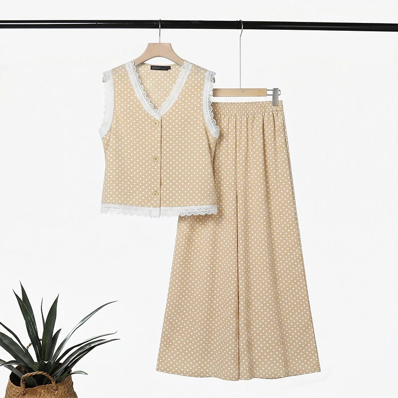 ZANZEA Summer Women Polka Dot Pant Sets Lace Trim V-Neck Sleeveless Top & Wide Leg Pants 2-Piece Sets Casual Streetwear Co-ords