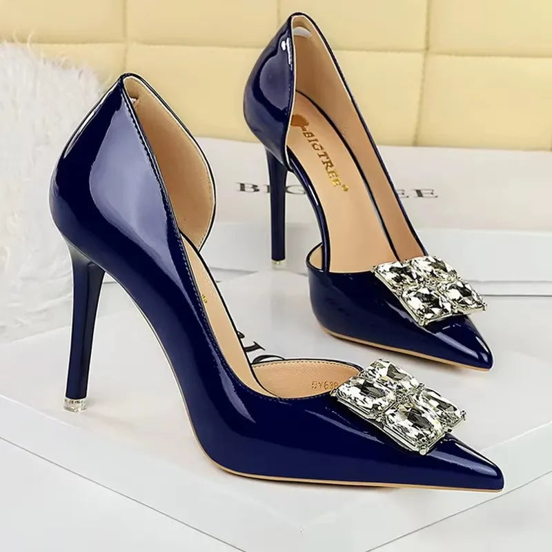 BIGTREE Shoes NEW Luxury High Heels Rhinestone Design Women Pumps Patent Leather Female Heels Stilettos Fashion Sexy Party Shoes