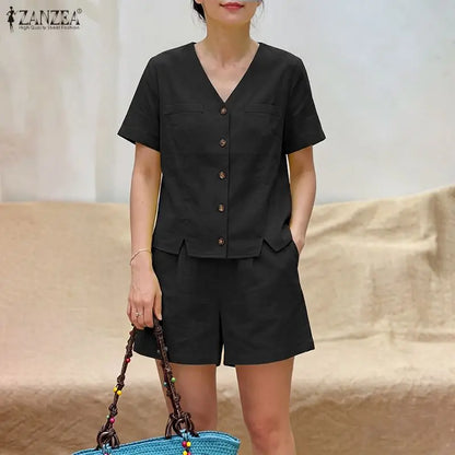 Summer Elegant V Neck Short Sleeve Blouse Short Sets ZANZEA Stylish Women 2 Pieces Sets Casual Solid OL Work Outfits Tracksuit