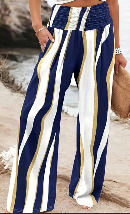 Women's Summer Casual Floral Print Elastic Wide-Waist Wide-Leg Pants Comfortable Loose-Fit Trousers Suitable for Vacation and Daily Casual Wear