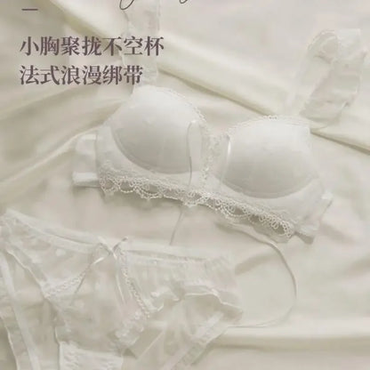 Japanese Kawaii Lingerie Set Small Chest, Sweet Heart Print Wireless Bralette & Panty Set Comfortable Anti-Sagging Bra for Women