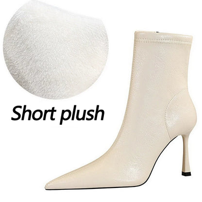 Retro Women's Short Boots Side Zipper High Heeled Leather Boots Pointed Tip Women's Plush Warm Winter Boots Stiletto Heels 9 cm