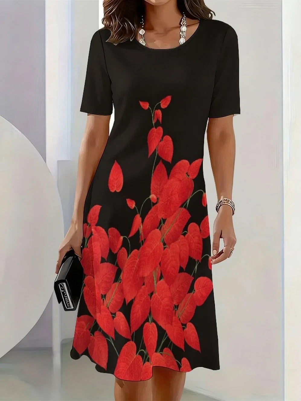 2026 New Elegant Floral Print Dresses for Women Round-Neck Short Sleeve Female Clothing Summer Travel Vacation Clothes for Woman