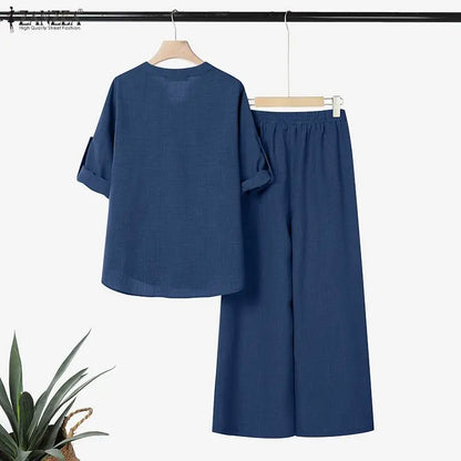 ZANZEA Women's Casual Loose Pant Suits Half-Button Long Sleeve Blouse & Wide Leg Pant 2 Piece Sets Summer Daily Pant Sets Outfit
