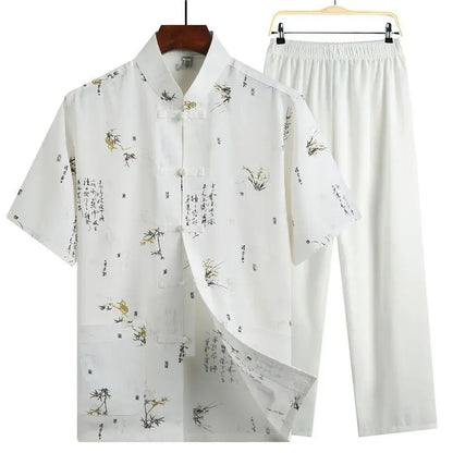 Men's Red Two-piece Summer Set: A Short Jacquard Shirt in Chinese Style Paired with Elastic-waist Pants. White, Gray, Beige-Blue