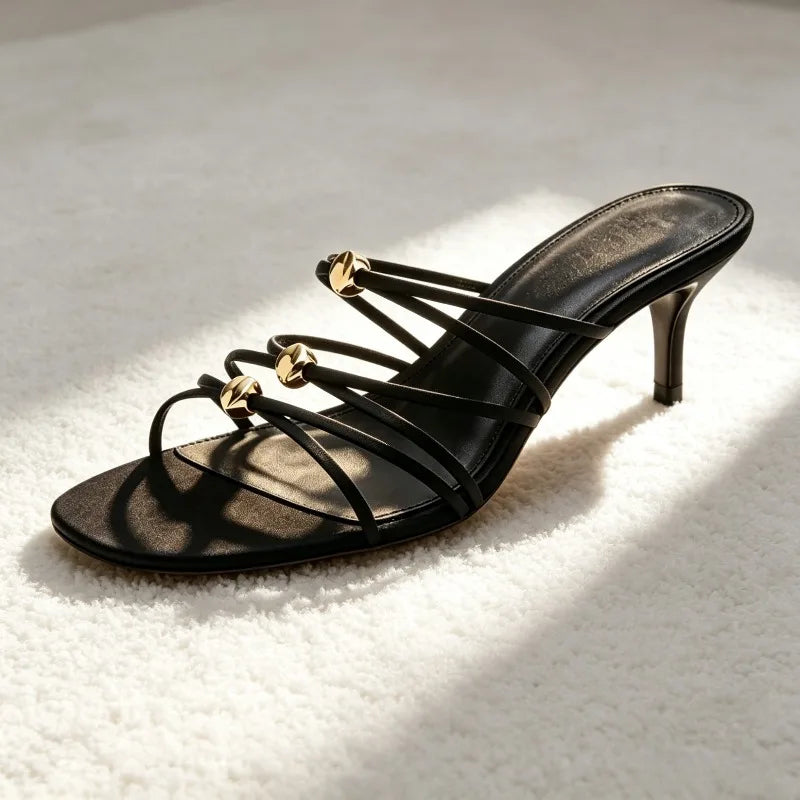 Unique Metal-decorated Kitten Heel Mules Sandals for Women Red Satin Narrow Band Slide Sandals Elegant Open-toe Designer Shoes