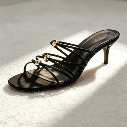 Unique Metal-decorated Kitten Heel Mules Sandals for Women Red Satin Narrow Band Slide Sandals Elegant Open-toe Designer Shoes