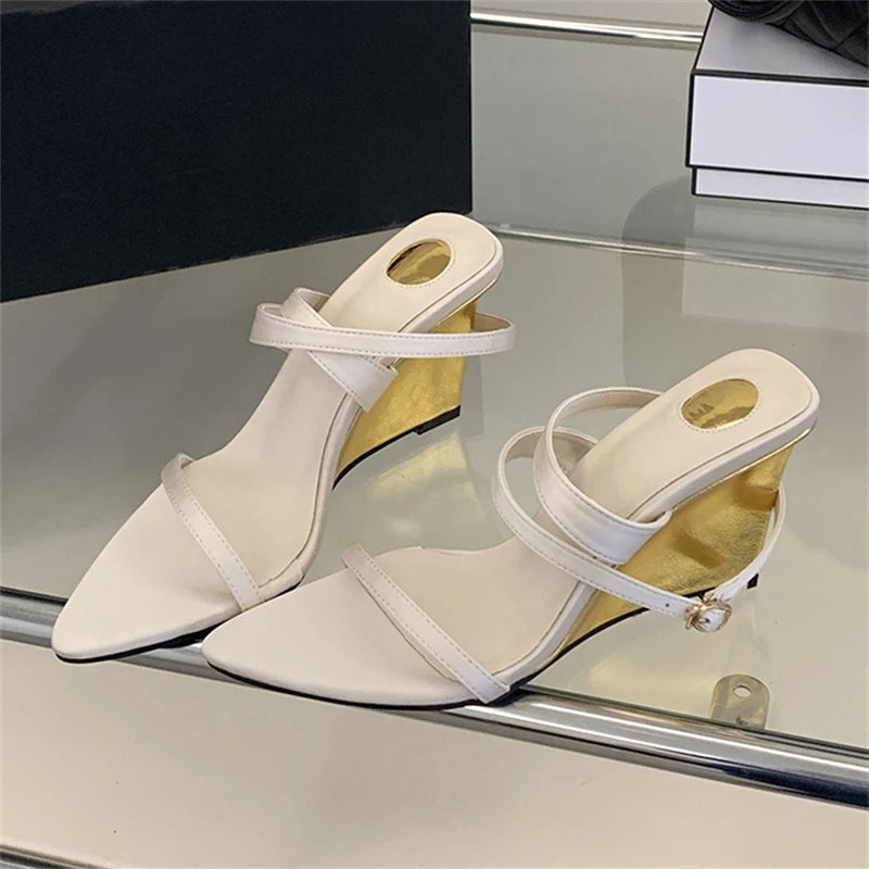 Elegant Wedge Peep Toe Women Sandals Sexy Pointed Toe High Heels for Ladies Summer Street Style Cross-Strap Sandalias De Mujer