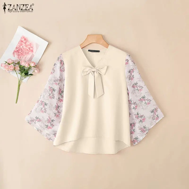 ZANZEA 2026 Women Bow Detail Blouses Elegant V-Neck Floral 3/4 Bell Sleeves Patchwork Tops Autumn Loose High Low Blusas Mujer