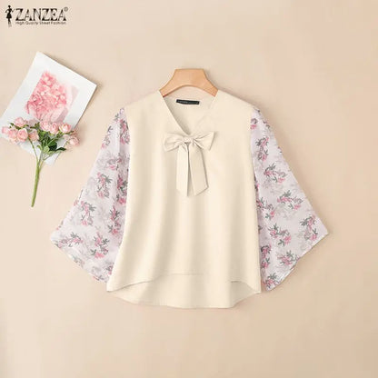 ZANZEA 2026 Women Bow Detail Blouses Elegant V-Neck Floral 3/4 Bell Sleeves Patchwork Tops Autumn Loose High Low Blusas Mujer