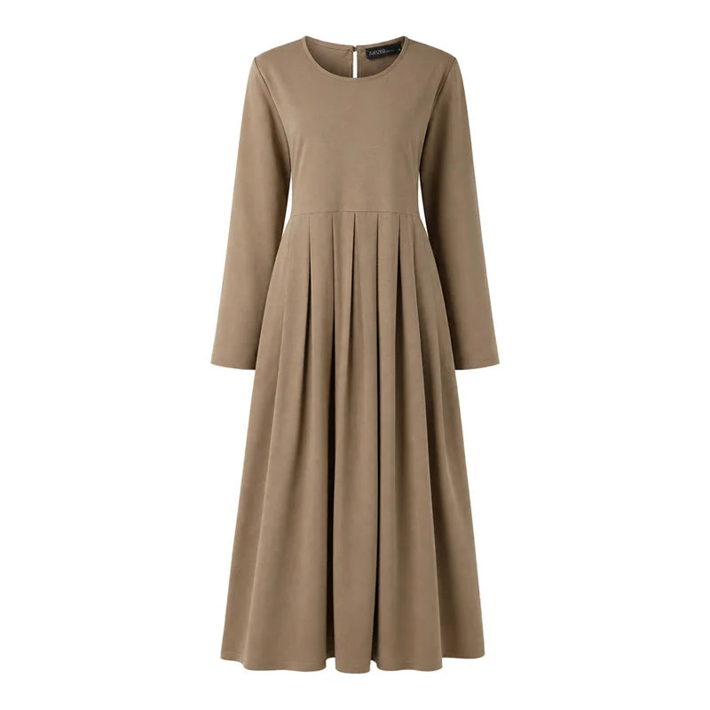 Elegant Muslim Dress Abaya ZANZEA Ramadan Robe Women Casual O Neck Long Sleeve Pleated Dresses Solid Color Baggy Sundress Kaftan