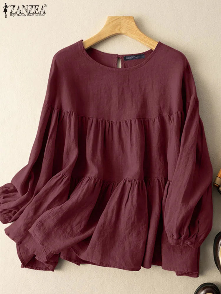 ZANZEA Summer Woman Breathable Cotton Blouses Long Sleeves O-Neck Tiered Tops Solid Color Casual Loose Blusas de Mujer 2026