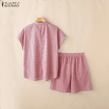 2026 ZANZEA Summer  Short Sleeve Shirt Short Sets Casual Holiday Striped Outfits Women 2 Pieces Sets Stylish OL Work Tracksuit