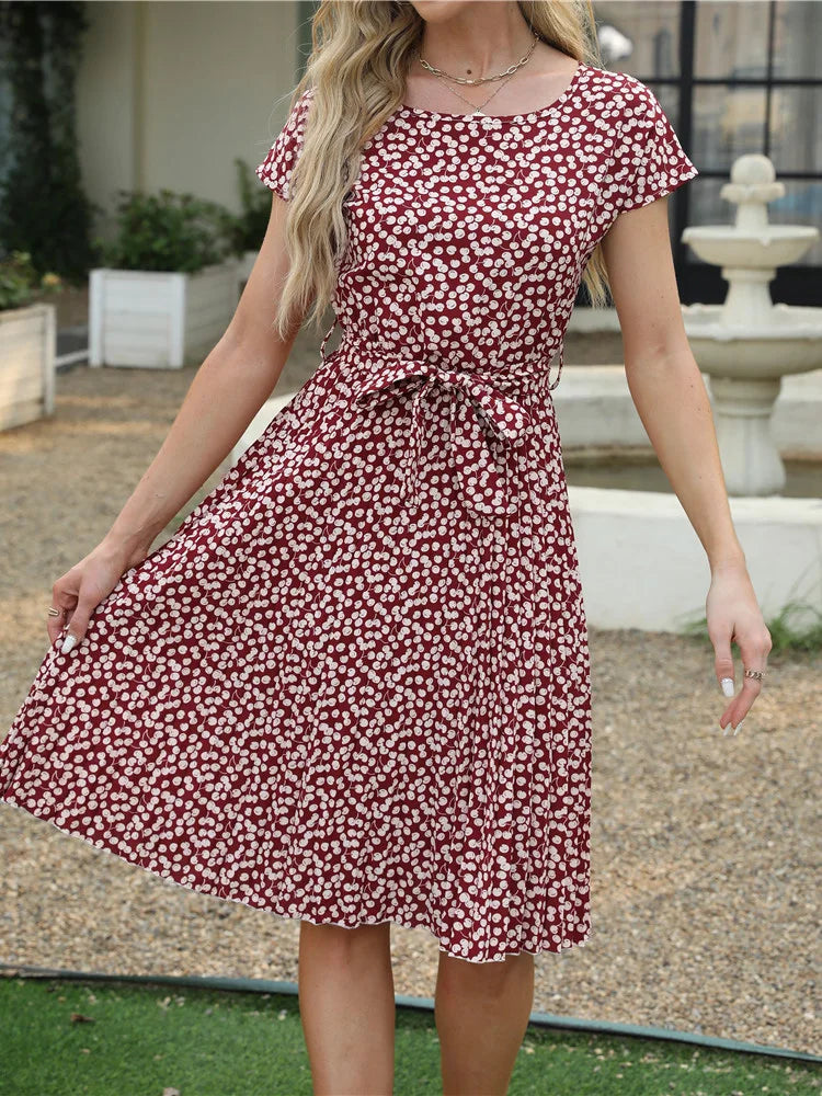Ficusrong Fashion Floral Pleated A Line Long Dress Women Spring Summer Short Sleeve High Waist Chic Dress