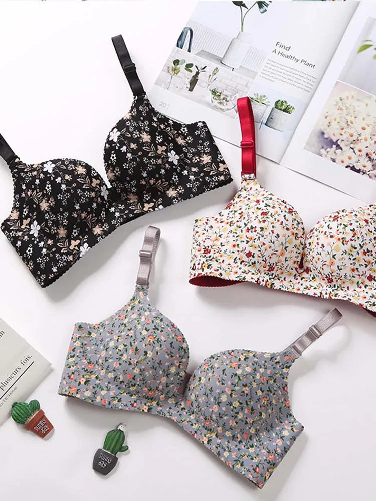 Women Lingerie Seamless Adjustable Bra Sexy Comfortable Nylon Flower Print One-Piece Underwear  Breathable