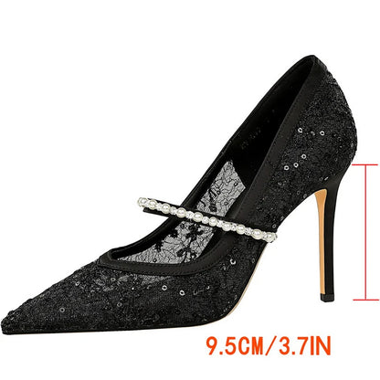 BIGTREE Shoes Rhinestone Pearl Women Pumps Lace High Heels Sexy Party Shoes Stiletto Heels Luxury Banquet Shoes Women Heels New