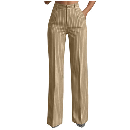 Women Striped Vintage Elastic Back Waist Suit Pants Draped Wide Leg Slacks Business Commute Casual Work Office Ladies Trousers