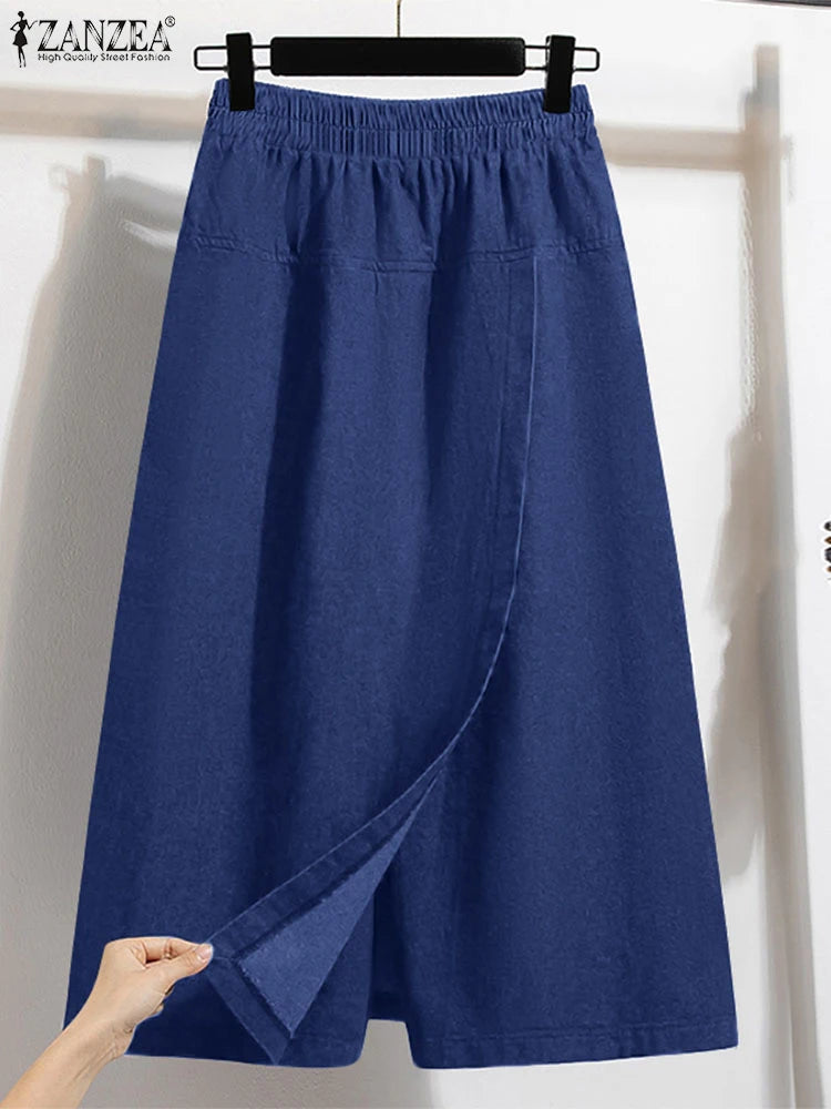 ZANZEA 2025 Fashion Women Skirt Pants Elastic Waist Pantalons Summer Casual High Waist Solid Color Long Trousers Wide Leg Pants