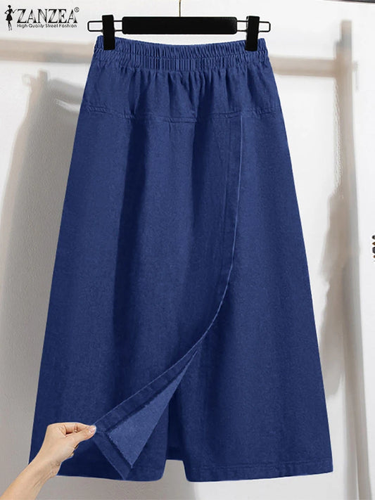 ZANZEA 2025 Fashion Women Skirt Pants Elastic Waist Pantalons Summer Casual High Waist Solid Color Long Trousers Wide Leg Pants