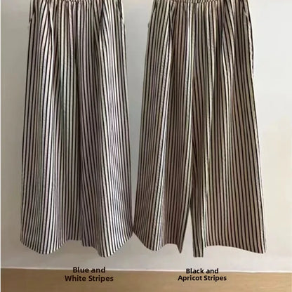 Women's Korean Dongdaemun Summer Casual Wide Leg Striped Loose Fit High Waist Slimming Effect Comfortable Elastic Waist Pants