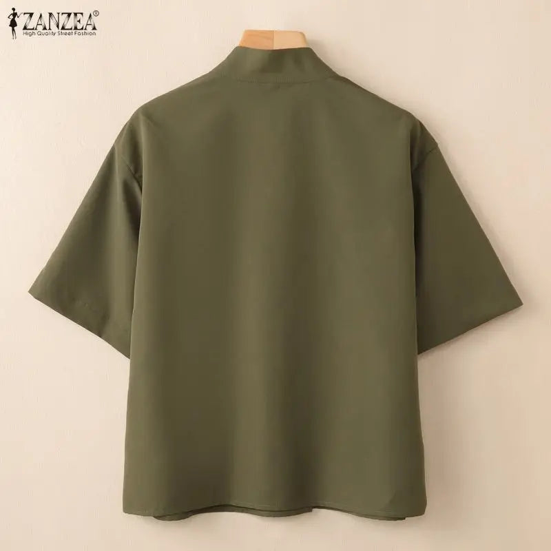 ZANZEA Women's Fashion Diagonal Front Shirts Casual Stand Collar Half Sleeve Button Up Tops Summer Solid Color Chemises Femme