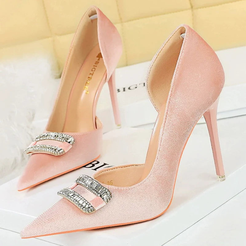 Women 10.5 cm Heels Rhinestone Buckle Design Women Pumps Luxury And Noble Banquet Shoes Stiletto High Heels Women Shoes Fashion