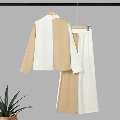 ZANZEA Fashion Women Matching Sets Autumn Chic Color-Blocking Office Outfits Long Sleeve Shirt Belted Wide Leg Pant Sets 2 Piece